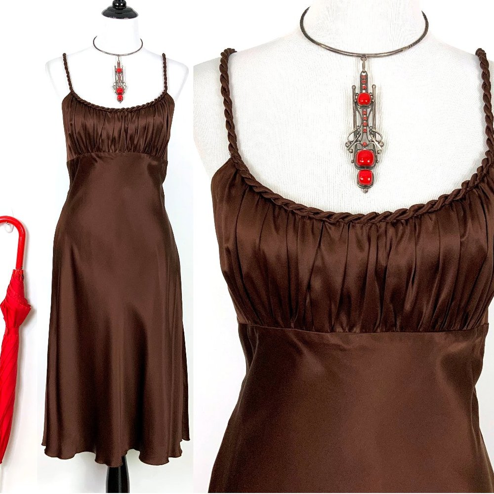 100% Silk Brown Spaghetti Strap Slip Dress Size 10